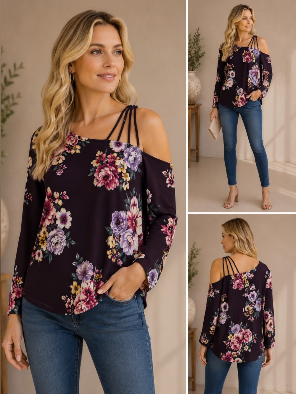 white birch Plum Floral Cold-Shoulder Blouse